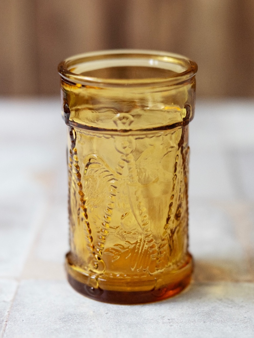 Vintage 1970s Wheaton amber juice glass eagle drum 3.75" tall